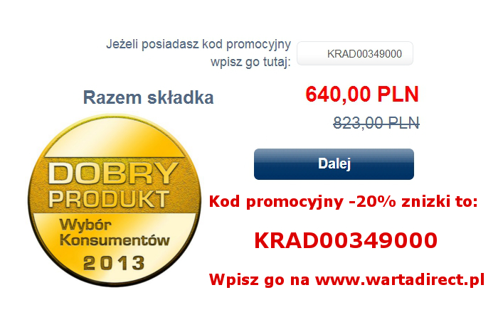 Ubezpieczenie mieszkania i domu Warta Dom nagrodzone przez klientÃ³w - na www.wartadirect.pl moÅ¼esz je kupiÄ‡ taniej o 20% z naszym kodem KRAD00349000